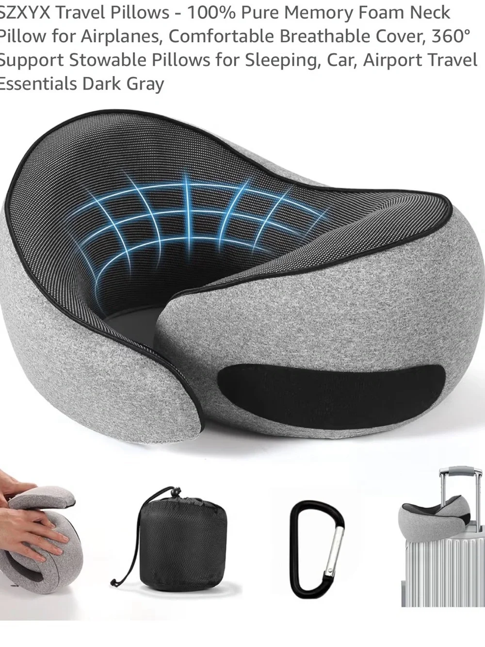 SZXYX Dark Gray Memory Foam Travel Neck Pillow with Breathable Cover